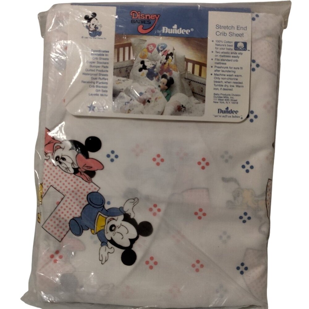 Vintage Disney Babies Dundee Crib Sheet 28x52 White ABC Mickey Minne New NOS - Picture 1 of 11